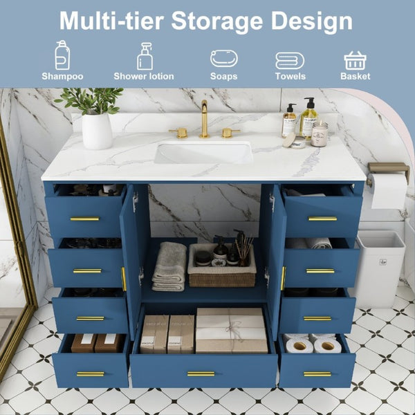English Elm 48 Inch Navy Bathroom Vanity with Quartz Top Gold Hardware and 9 Drawer Storage Cabinet Blue W2699S00139