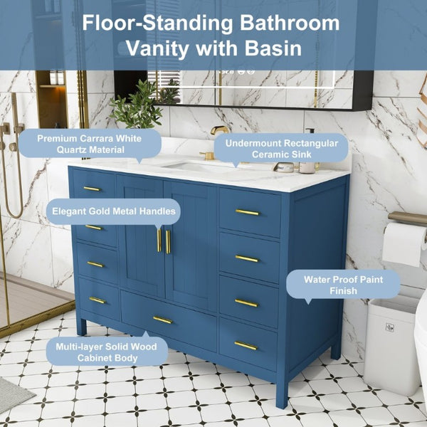 English Elm 48 Inch Navy Bathroom Vanity with Quartz Top Gold Hardware and 9 Drawer Storage Cabinet Blue W2699S00139