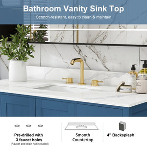 English Elm 48 Inch Navy Bathroom Vanity with Quartz Top Gold Hardware and 9 Drawer Storage Cabinet Blue W2699S00139