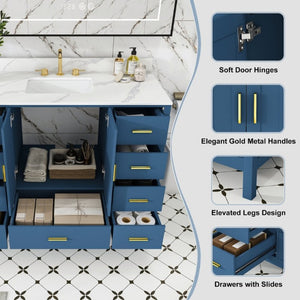 English Elm 48 Inch Navy Bathroom Vanity with Quartz Top Gold Hardware and 9 Drawer Storage Cabinet Blue W2699S00139