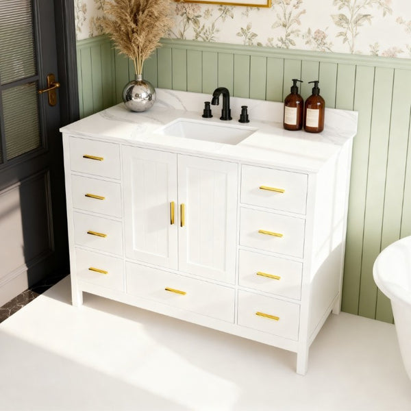 English Elm 48 Inch Navy Bathroom Vanity with Quartz Top Gold Hardware and 9 Drawer Storage Cabinet White W2699S00140