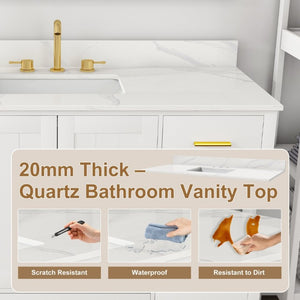 English Elm 48 Inch Navy Bathroom Vanity with Quartz Top Gold Hardware and 9 Drawer Storage Cabinet White W2699S00140