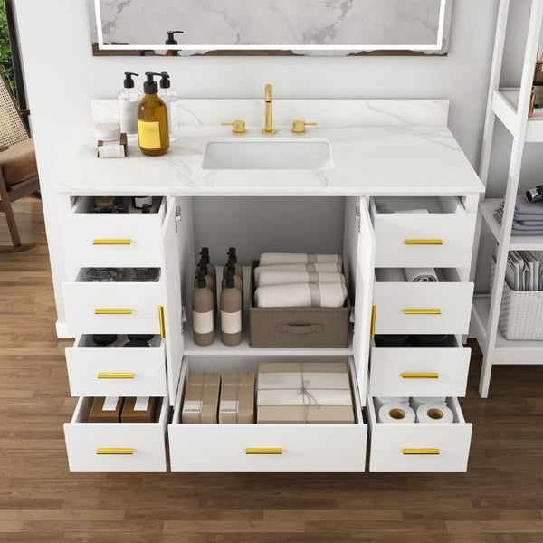 English Elm 48 Inch Navy Bathroom Vanity with Quartz Top Gold Hardware and 9 Drawer Storage Cabinet White W2699S00140