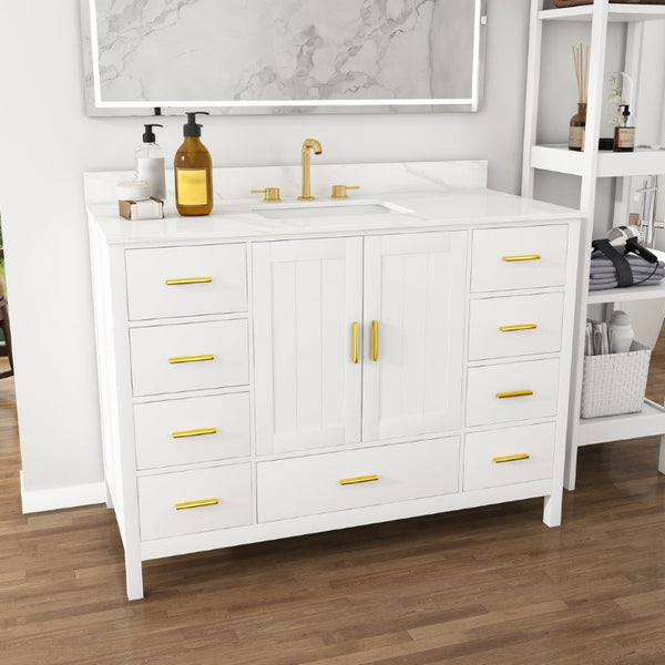 English Elm 48 Inch Navy Bathroom Vanity with Quartz Top Gold Hardware and 9 Drawer Storage Cabinet White W2699S00140