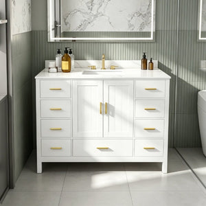 English Elm 48 Inch Navy Bathroom Vanity with Quartz Top Gold Hardware and 9 Drawer Storage Cabinet White W2699S00140