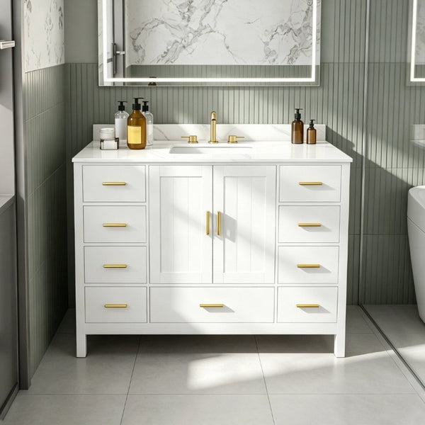 English Elm 48 Inch Navy Bathroom Vanity with Quartz Top Gold Hardware and 9 Drawer Storage Cabinet White W2699S00140