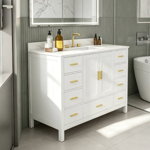 English Elm 48 Inch Navy Bathroom Vanity with Quartz Top Gold Hardware and 9 Drawer Storage Cabinet White W2699S00140