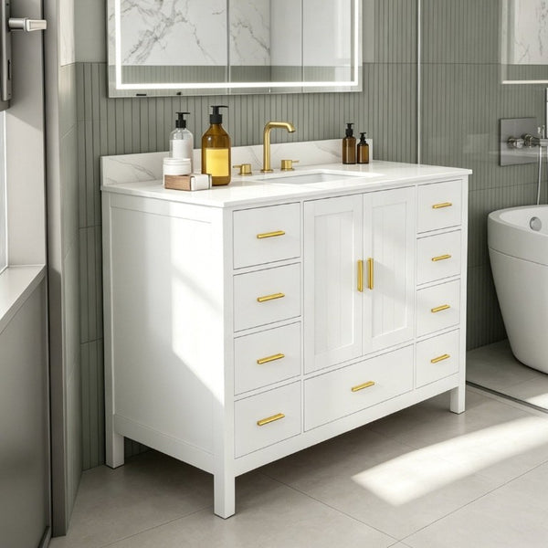 English Elm 48 Inch Navy Bathroom Vanity with Quartz Top Gold Hardware and 9 Drawer Storage Cabinet White W2699S00140