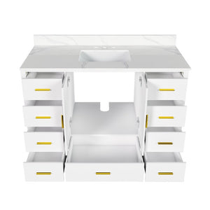 English Elm 48 Inch Navy Bathroom Vanity with Quartz Top Gold Hardware and 9 Drawer Storage Cabinet White W2699S00140