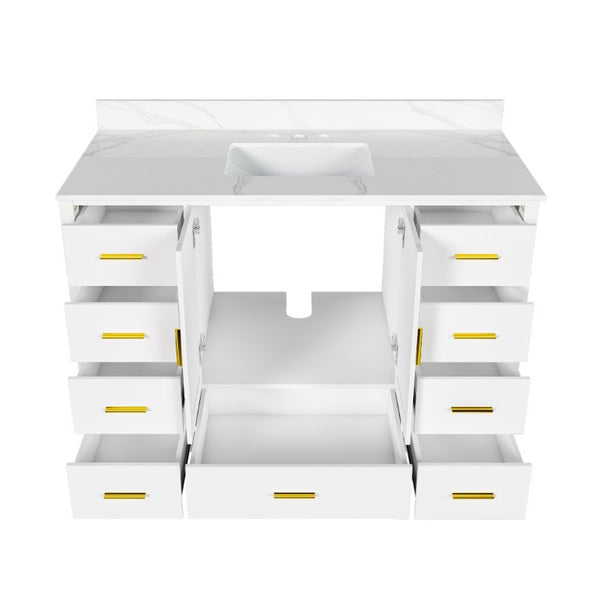 English Elm 48 Inch Navy Bathroom Vanity with Quartz Top Gold Hardware and 9 Drawer Storage Cabinet White W2699S00140