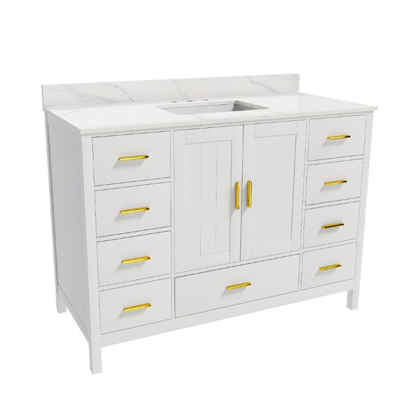 English Elm 48 Inch Navy Bathroom Vanity with Quartz Top Gold Hardware and 9 Drawer Storage Cabinet White W2699S00140