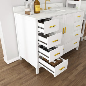 English Elm 48 Inch Navy Bathroom Vanity with Quartz Top Gold Hardware and 9 Drawer Storage Cabinet White W2699S00140