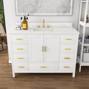 English Elm 48 Inch Navy Bathroom Vanity with Quartz Top Gold Hardware and 9 Drawer Storage Cabinet White W2699S00140