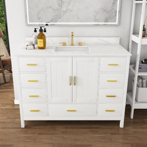 English Elm 48 Inch Navy Bathroom Vanity with Quartz Top Gold Hardware and 9 Drawer Storage Cabinet White W2699S00140