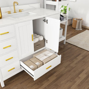 English Elm 48 Inch Navy Bathroom Vanity with Quartz Top Gold Hardware and 9 Drawer Storage Cabinet White W2699S00140