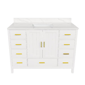 English Elm 48 Inch Navy Bathroom Vanity with Quartz Top Gold Hardware and 9 Drawer Storage Cabinet White W2699S00140