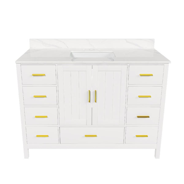 English Elm 48 Inch Navy Bathroom Vanity with Quartz Top Gold Hardware and 9 Drawer Storage Cabinet White W2699S00140