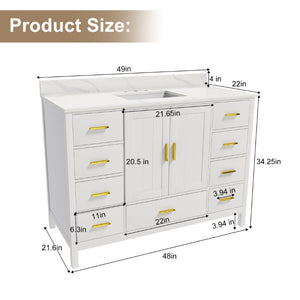 English Elm 48 Inch Navy Bathroom Vanity with Quartz Top Gold Hardware and 9 Drawer Storage Cabinet White W2699S00140