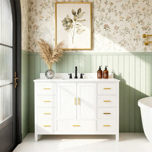 English Elm 48 Inch Navy Bathroom Vanity with Quartz Top Gold Hardware and 9 Drawer Storage Cabinet White W2699S00140