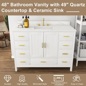 English Elm 48 Inch Navy Bathroom Vanity with Quartz Top Gold Hardware and 9 Drawer Storage Cabinet White W2699S00140