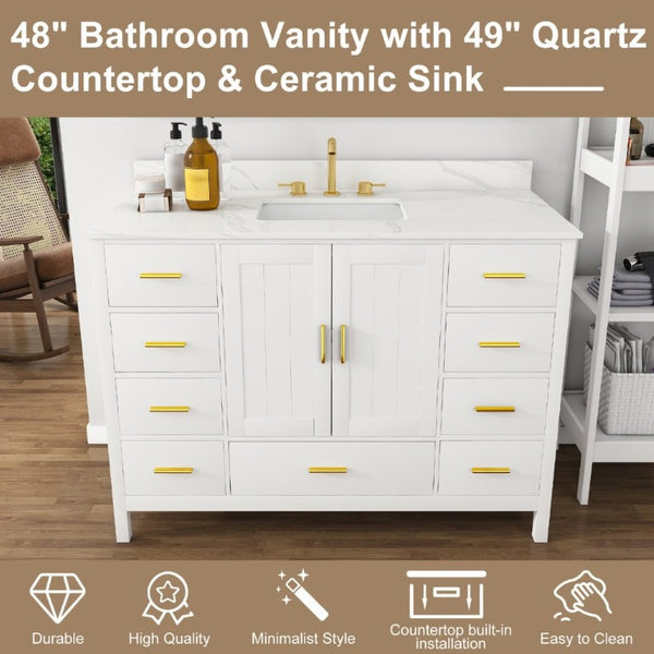 English Elm 48 Inch Navy Bathroom Vanity with Quartz Top Gold Hardware and 9 Drawer Storage Cabinet White W2699S00140