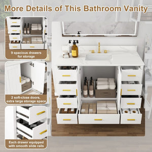 English Elm 48 Inch Navy Bathroom Vanity with Quartz Top Gold Hardware and 9 Drawer Storage Cabinet White W2699S00140
