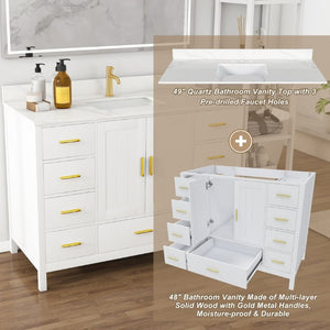 English Elm 48 Inch Navy Bathroom Vanity with Quartz Top Gold Hardware and 9 Drawer Storage Cabinet White W2699S00140
