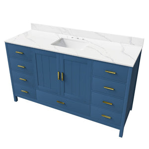 English Elm 60 Inch Navy Bathroom Vanity with Carrara Quartz Top Gold Hardware and 7 Drawers Blue W2699S00141