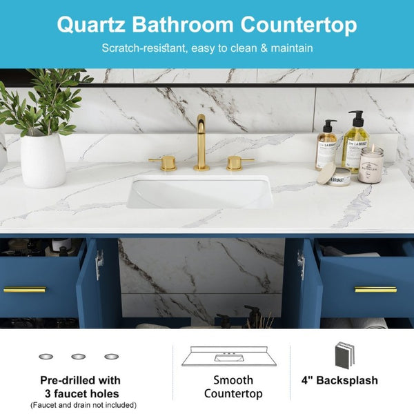 English Elm 60 Inch Navy Bathroom Vanity with Carrara Quartz Top Gold Hardware and 7 Drawers Blue W2699S00141