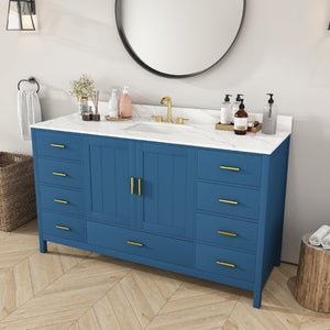 English Elm 60 Inch Navy Bathroom Vanity with Carrara Quartz Top Gold Hardware and 7 Drawers Blue W2699S00141