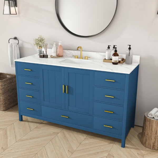 English Elm 60 Inch Navy Bathroom Vanity with Carrara Quartz Top Gold Hardware and 7 Drawers Blue W2699S00141