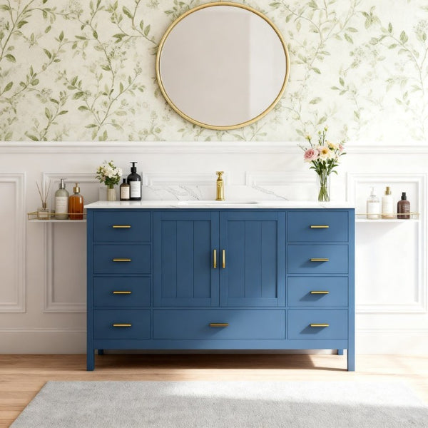 English Elm 60 Inch Navy Bathroom Vanity with Carrara Quartz Top Gold Hardware and 7 Drawers Blue W2699S00141