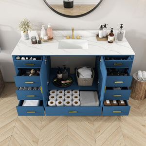 English Elm 60 Inch Navy Bathroom Vanity with Carrara Quartz Top Gold Hardware and 7 Drawers Blue W2699S00141