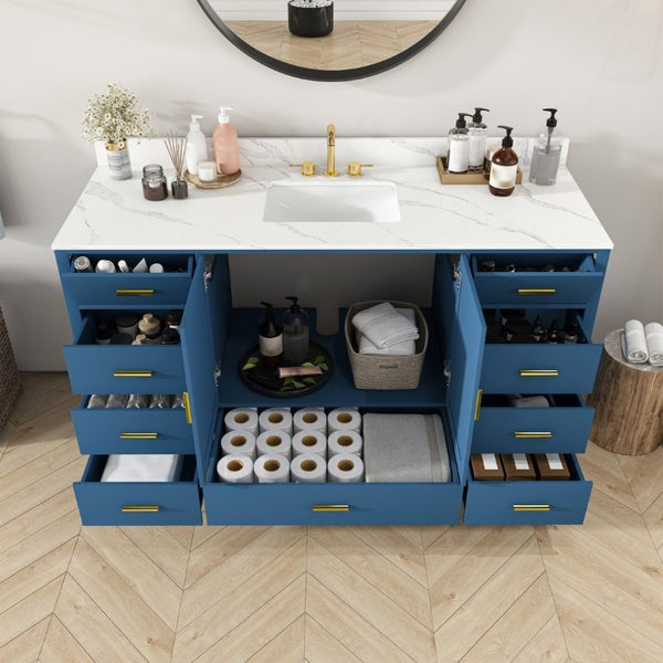 English Elm 60 Inch Navy Bathroom Vanity with Carrara Quartz Top Gold Hardware and 7 Drawers Blue W2699S00141