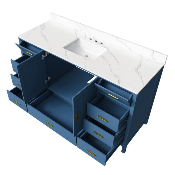 English Elm 60 Inch Navy Bathroom Vanity with Carrara Quartz Top Gold Hardware and 7 Drawers Blue W2699S00141