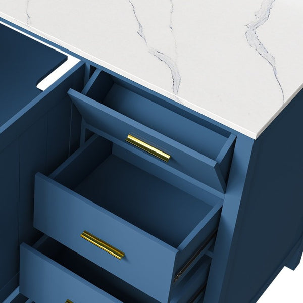 English Elm 60 Inch Navy Bathroom Vanity with Carrara Quartz Top Gold Hardware and 7 Drawers Blue W2699S00141