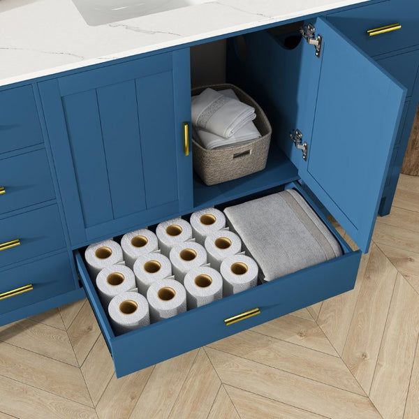 English Elm 60 Inch Navy Bathroom Vanity with Carrara Quartz Top Gold Hardware and 7 Drawers Blue W2699S00141