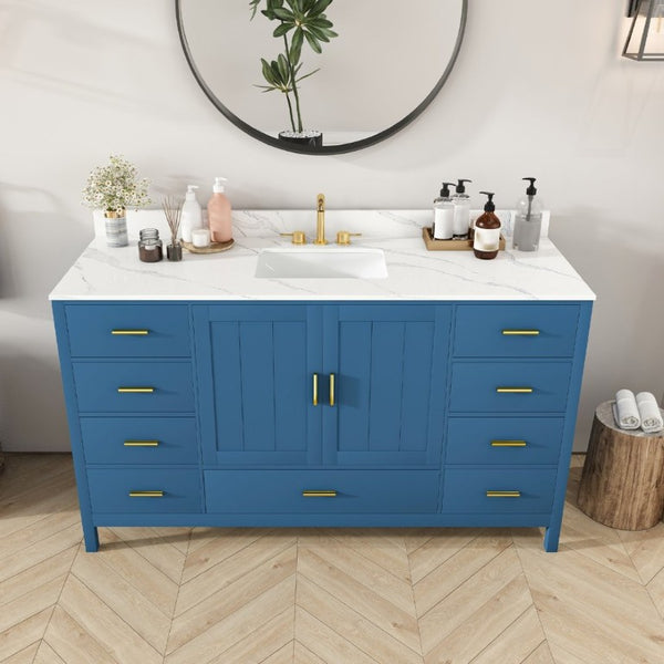 English Elm 60 Inch Navy Bathroom Vanity with Carrara Quartz Top Gold Hardware and 7 Drawers Blue W2699S00141
