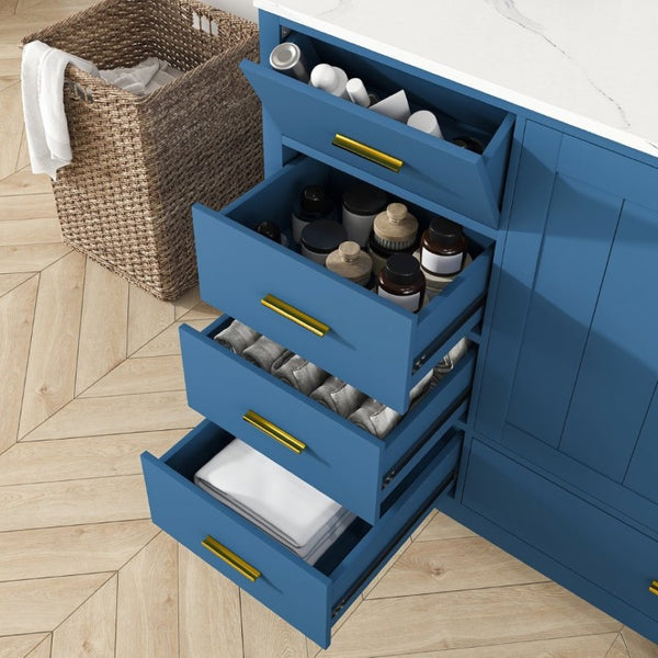 English Elm 60 Inch Navy Bathroom Vanity with Carrara Quartz Top Gold Hardware and 7 Drawers Blue W2699S00141