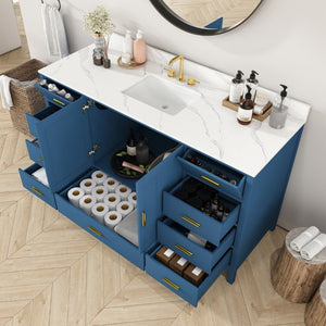 English Elm 60 Inch Navy Bathroom Vanity with Carrara Quartz Top Gold Hardware and 7 Drawers Blue W2699S00141