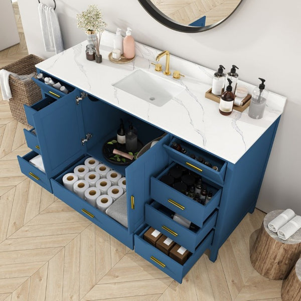 English Elm 60 Inch Navy Bathroom Vanity with Carrara Quartz Top Gold Hardware and 7 Drawers Blue W2699S00141