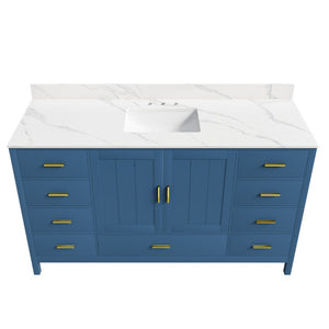 English Elm 60 Inch Navy Bathroom Vanity with Carrara Quartz Top Gold Hardware and 7 Drawers Blue W2699S00141