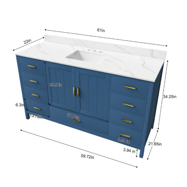 English Elm 60 Inch Navy Bathroom Vanity with Carrara Quartz Top Gold Hardware and 7 Drawers Blue W2699S00141