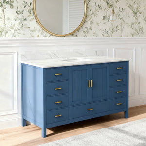 English Elm 60 Inch Navy Bathroom Vanity with Carrara Quartz Top Gold Hardware and 7 Drawers Blue W2699S00141