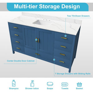 English Elm 60 Inch Navy Bathroom Vanity with Carrara Quartz Top Gold Hardware and 7 Drawers Blue W2699S00141