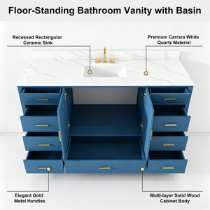 English Elm 60 Inch Navy Bathroom Vanity with Carrara Quartz Top Gold Hardware and 7 Drawers Blue W2699S00141