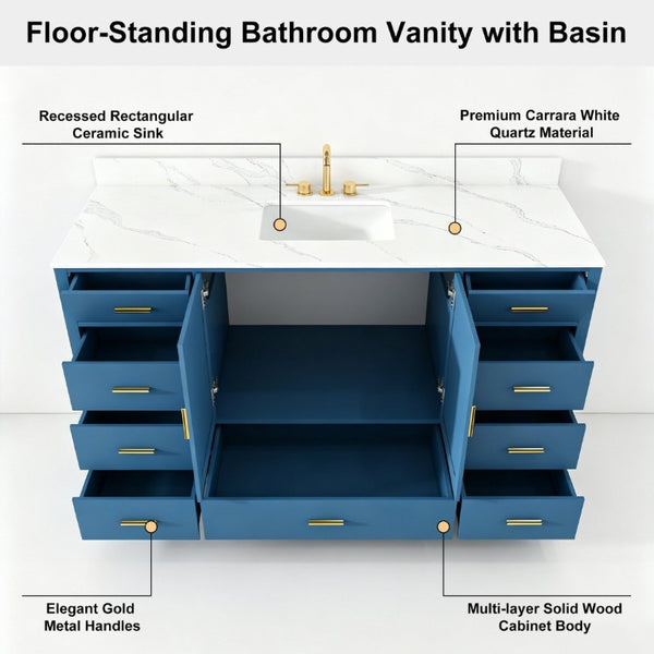 English Elm 60 Inch Navy Bathroom Vanity with Carrara Quartz Top Gold Hardware and 7 Drawers Blue W2699S00141