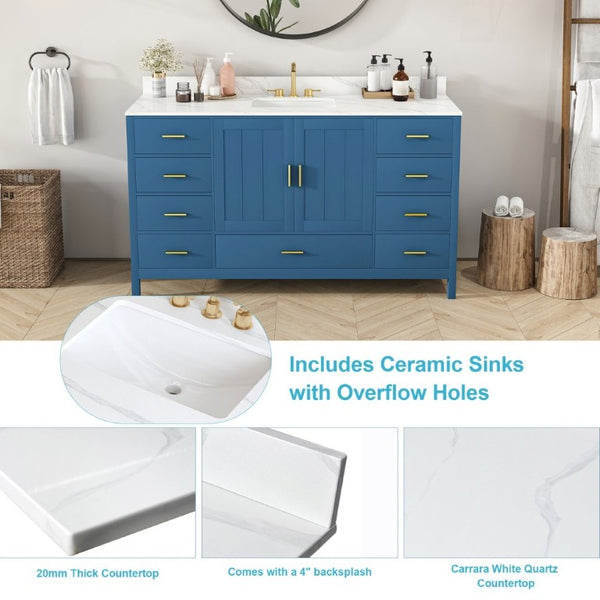 English Elm 60 Inch Navy Bathroom Vanity with Carrara Quartz Top Gold Hardware and 7 Drawers Blue W2699S00141