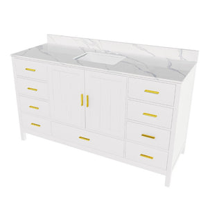 English Elm 60 Inch Navy Bathroom Vanity with Carrara Quartz Top Gold Hardware and 7 Drawers White W2699S00142