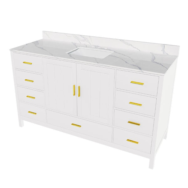 English Elm 60 Inch Navy Bathroom Vanity with Carrara Quartz Top Gold Hardware and 7 Drawers White W2699S00142